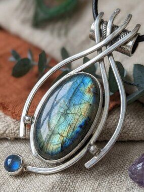 Handcrafted Stamped 925 Silver Labradorite Pendant Necklace PU Leather Cord